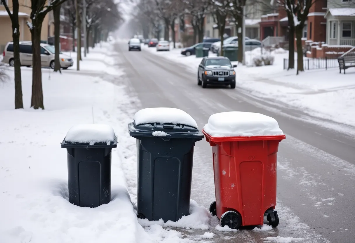 Snowy Kansas City street with trash cans