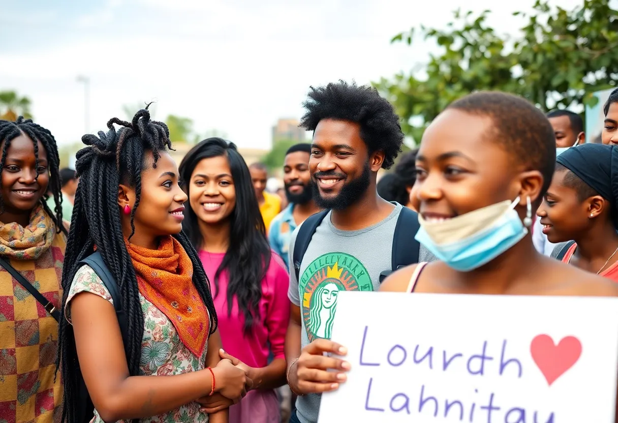 A gathering of diverse community members participating in support initiatives