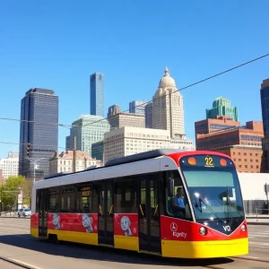Kansas City streetcar in urban setting