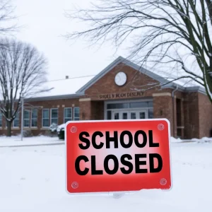 School building covered in snow with a closed sign