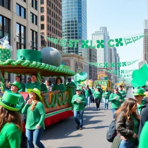 St. Patrick's Day parade in Kansas City with festive floats and attendees in green