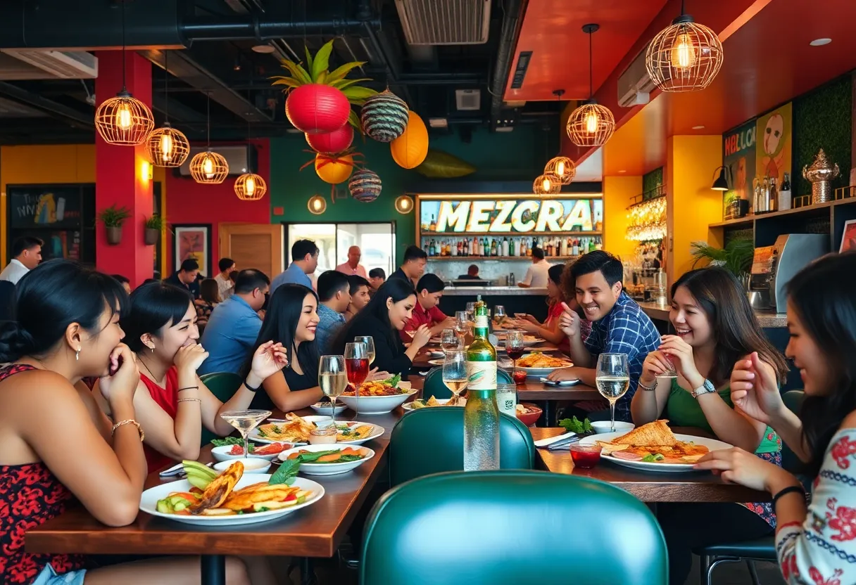 Interior of Besos y Abrazos restaurant with diners enjoying their meals