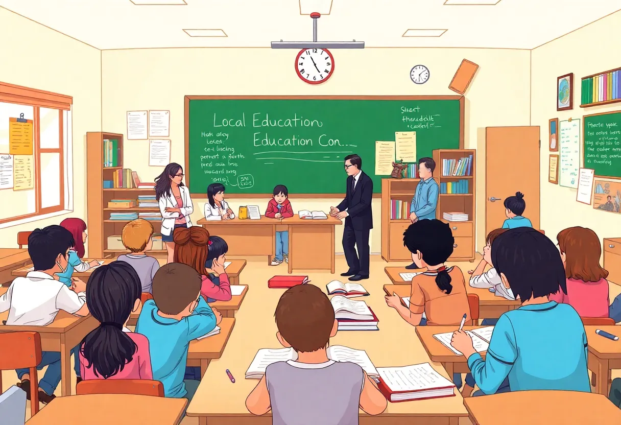 Classroom scene with students and community representatives discussing education