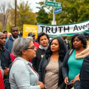 Residents of Kansas City discussing the renaming of Troost Avenue, showing banners for TRUTH Avenue.