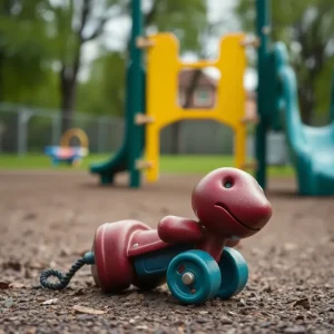 Abandoned toy in an empty playground representing loss in a community.