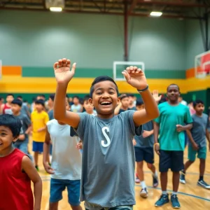 Young basketball players practicing in a community gym.