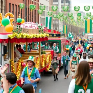 Crowd enjoying the Kansas City Snake Saturday Parade with colorful floats.