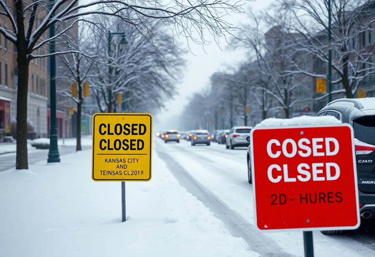 A street in Kansas City covered in snow with school closure signs.