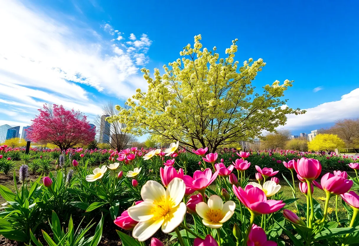 Spring scene in Kansas City with flowers and storm clouds