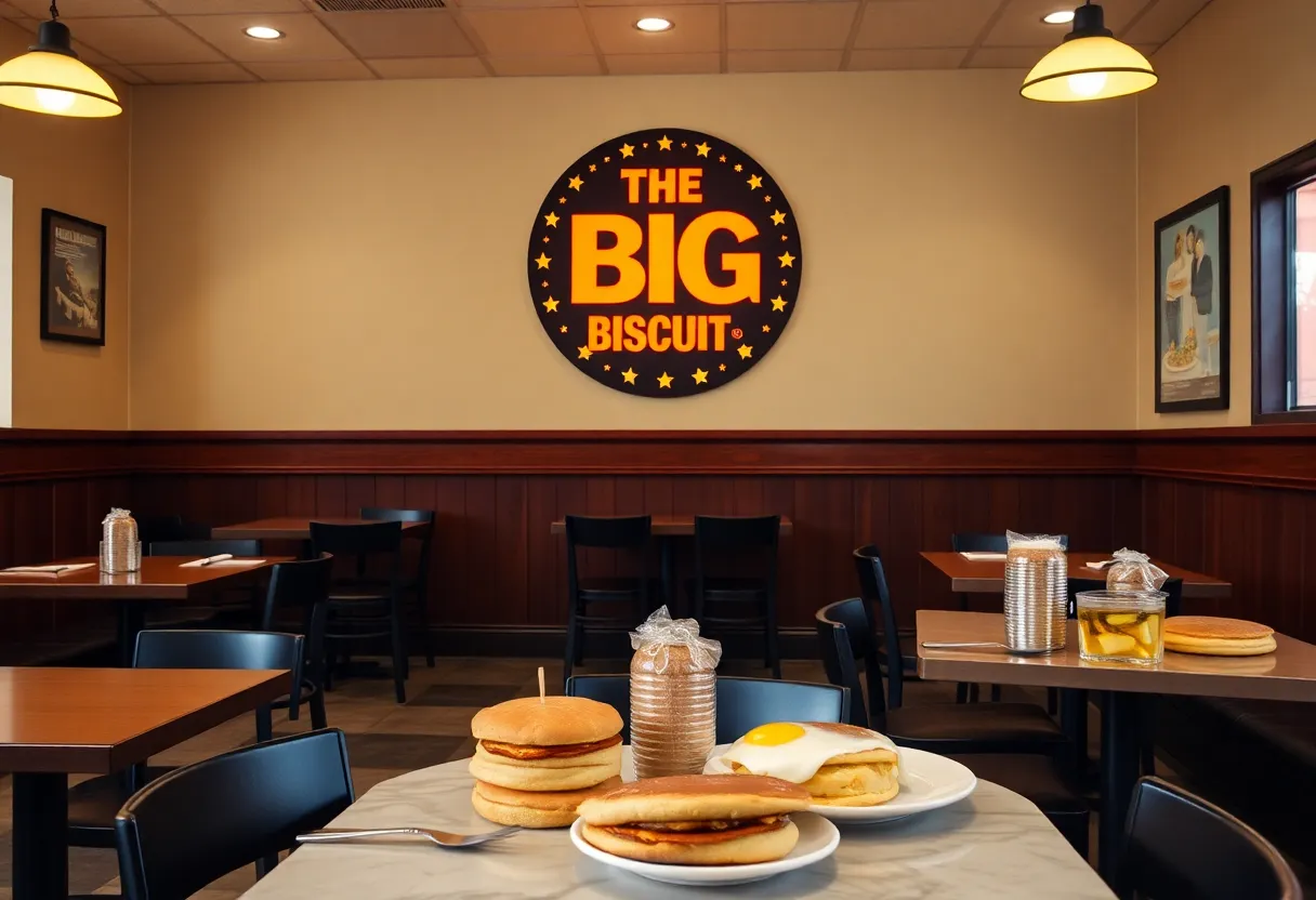 Interior view of The Big Biscuit restaurant in Wichita with breakfast dishes on tables.