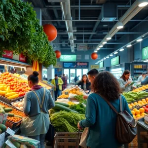 Local community shopping at SunFresh grocery store.