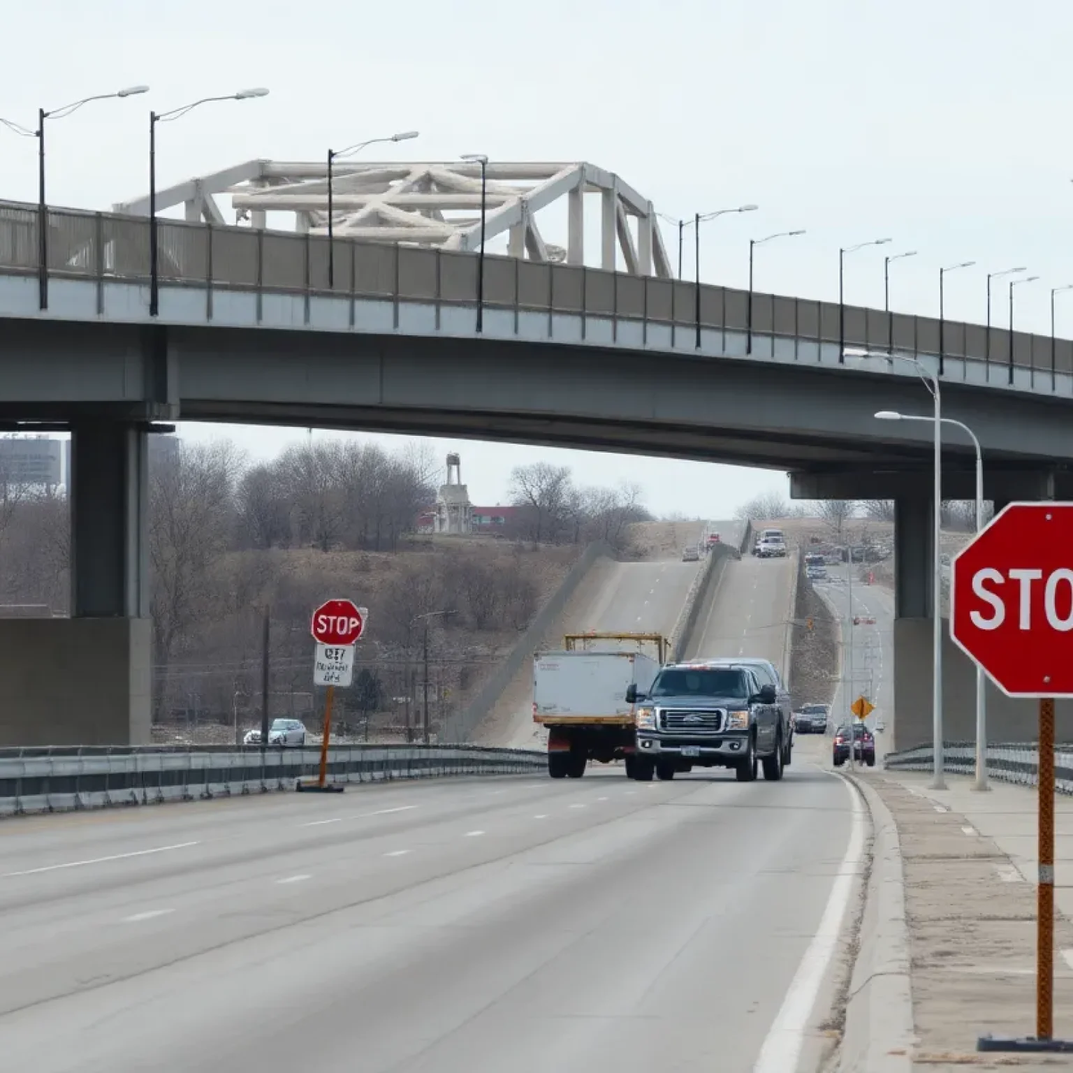 Repair work on Blue Ridge Bridge with traffic detour signs