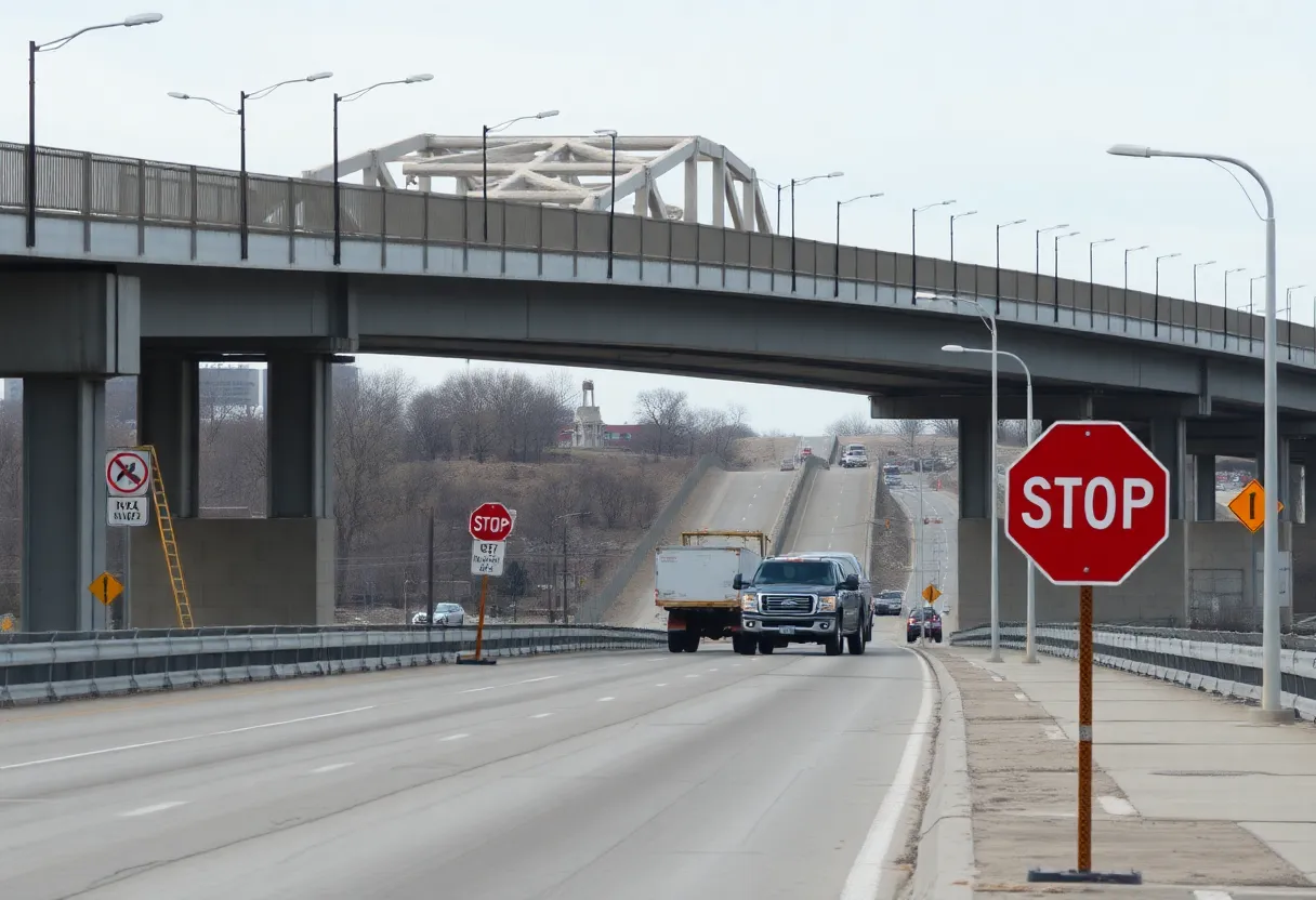 Repair work on Blue Ridge Bridge with traffic detour signs