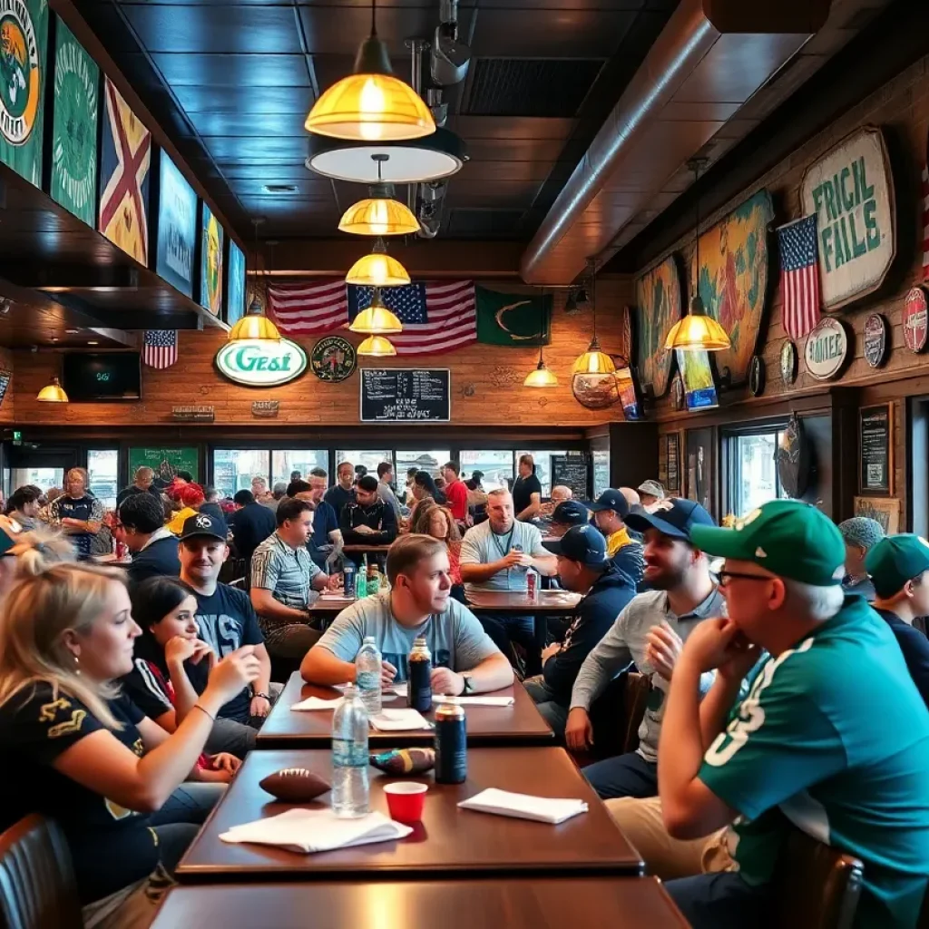 A lively sports restaurant filled with fans cheering for the Kansas City Chiefs