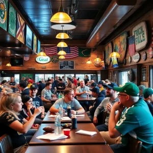 A lively sports restaurant filled with fans cheering for the Kansas City Chiefs