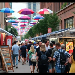 Crowd enjoying First Friday festivities in Kansas City, with art displays and food vendors.