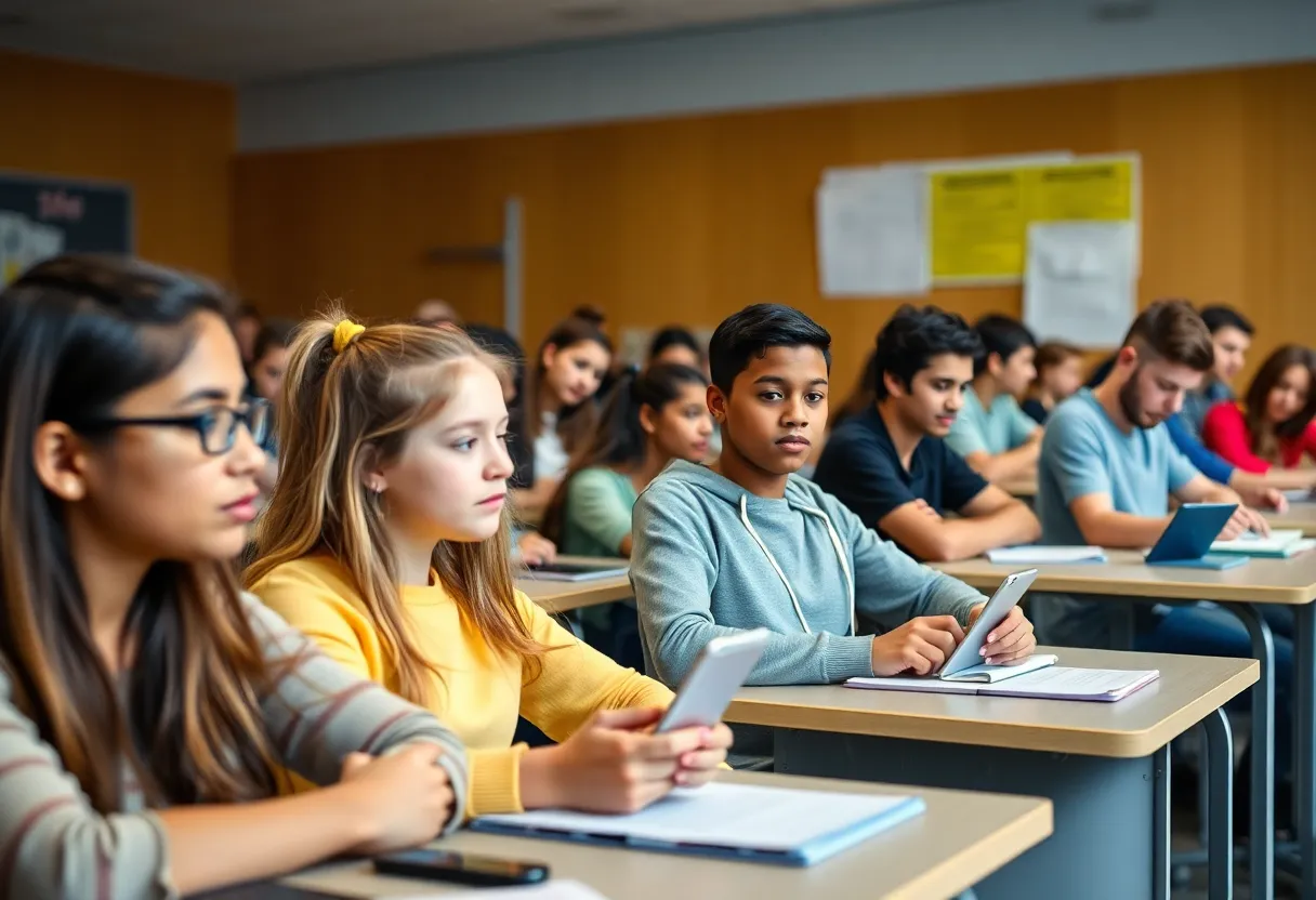 High school students focused on learning in a classroom environment without personal electronic devices.