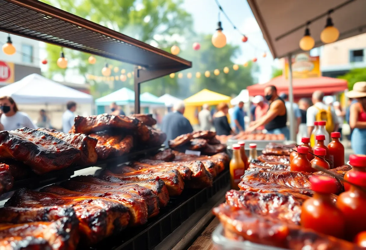 Barbecue festival in Kansas City showcasing various smoked meats and customer enjoyment.
