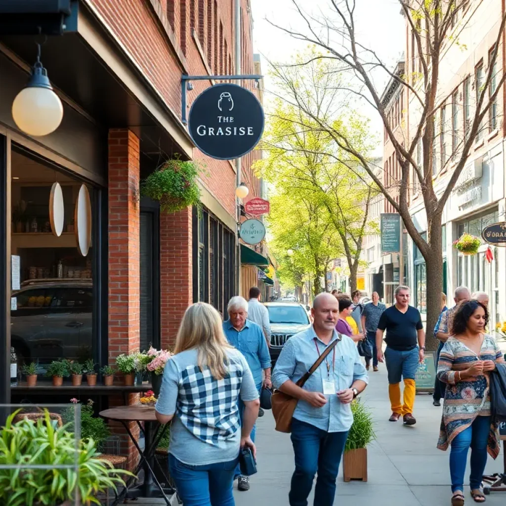A lively street in Kansas City featuring small businesses like restaurants and cafes.