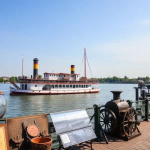 Steamboat on the river with artifacts