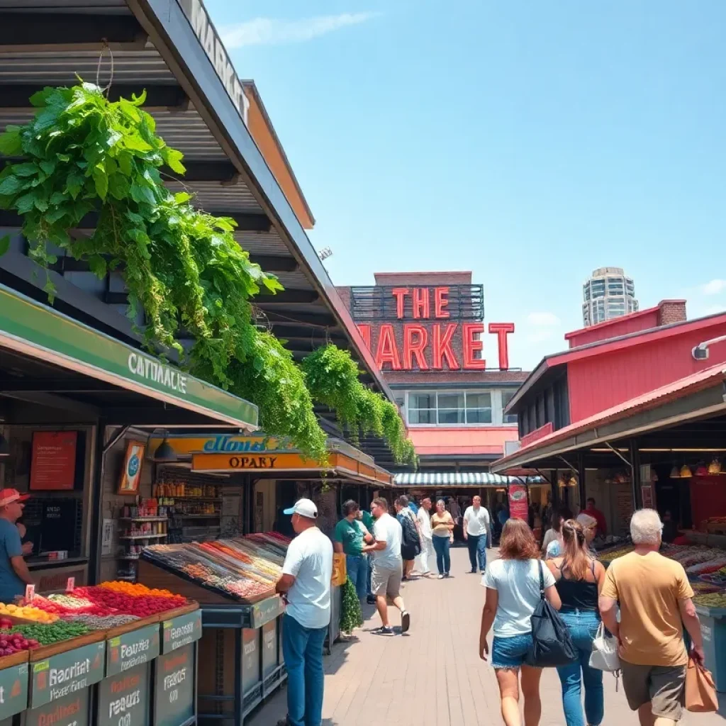 Concept art of Kansas City public market with food stalls and community spaces