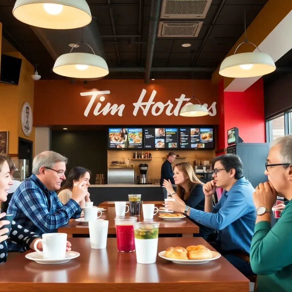 Interior of Tim Hortons during grand opening with customers